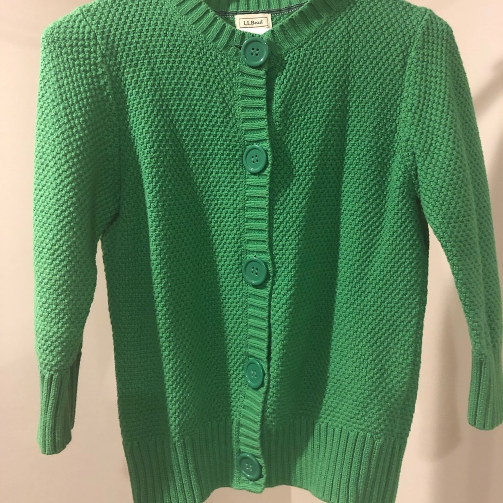 LL Bean XS Green Button Cardigan 3/4 length sleeve
